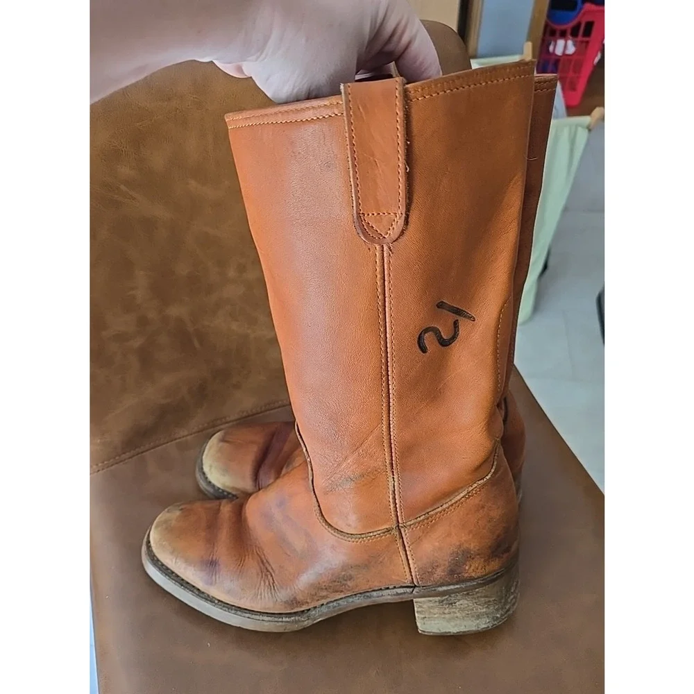 Vtg Double-H Orange Leather Round Toe Pull On Cowboy Western‎ Boots Mens 11D